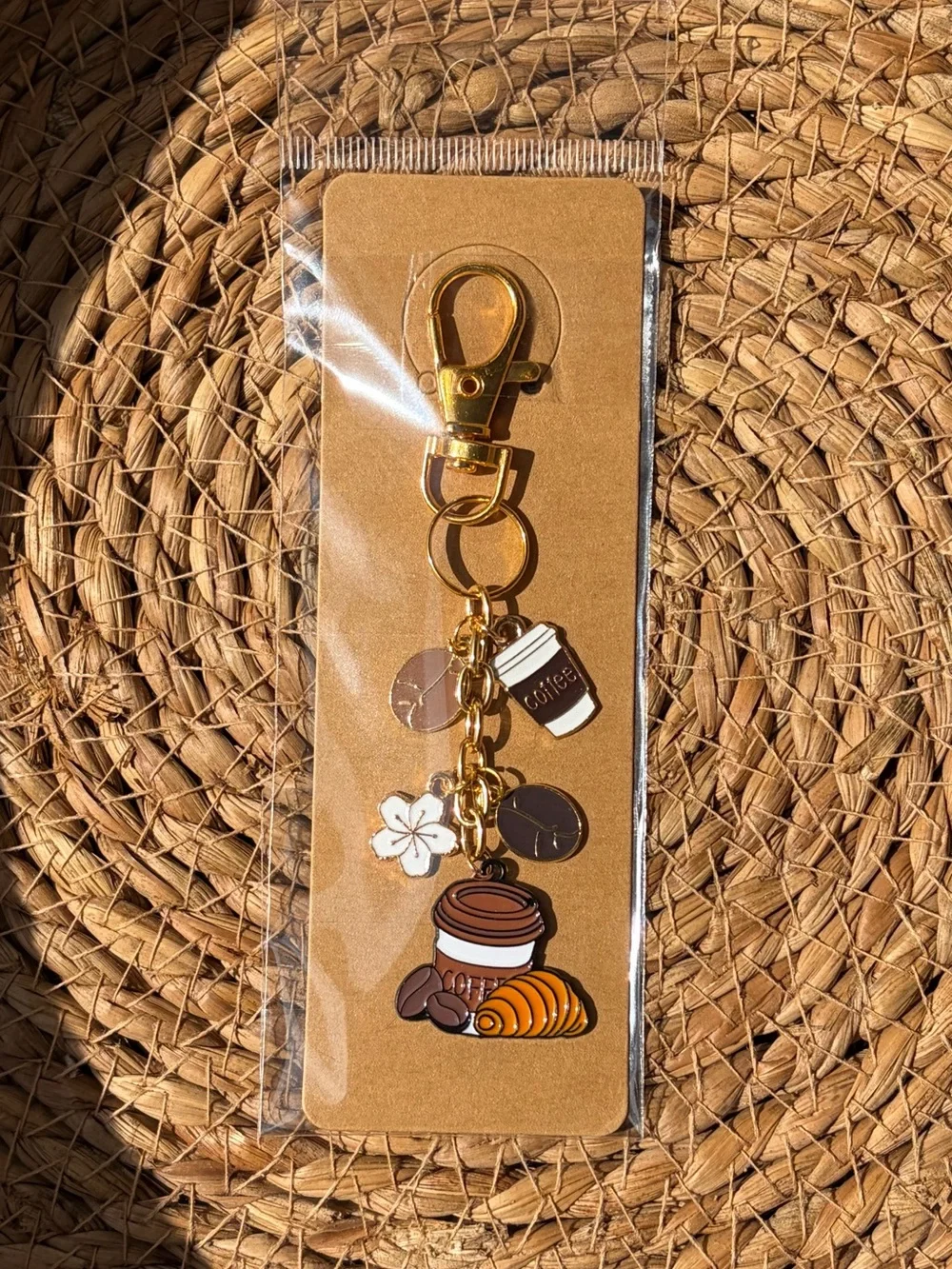 Gold-Tone Coffee Charm Keychain - Brown Coffee Cup & Croissant